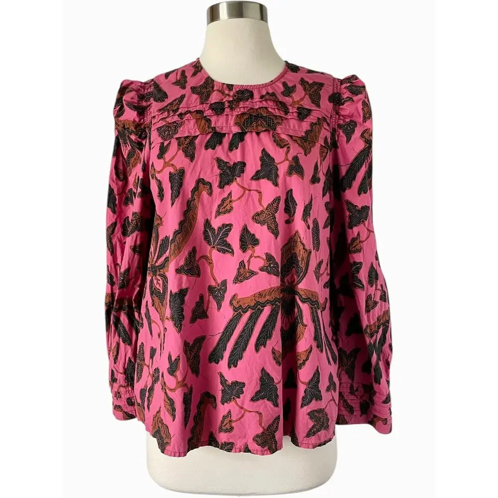 Ulla Johnson Coral Pink Floral Puff-Sleeve Blouse